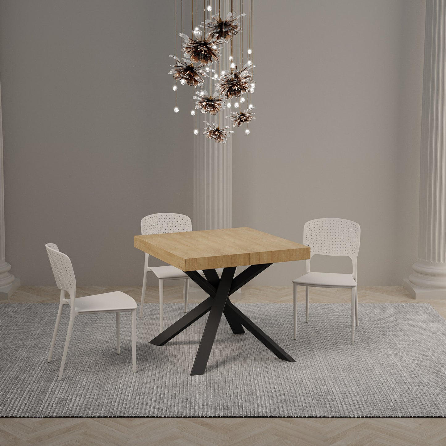 Tavolo Clerk 90x90 allungato 194 piano Quercia Natura gambe Antracite